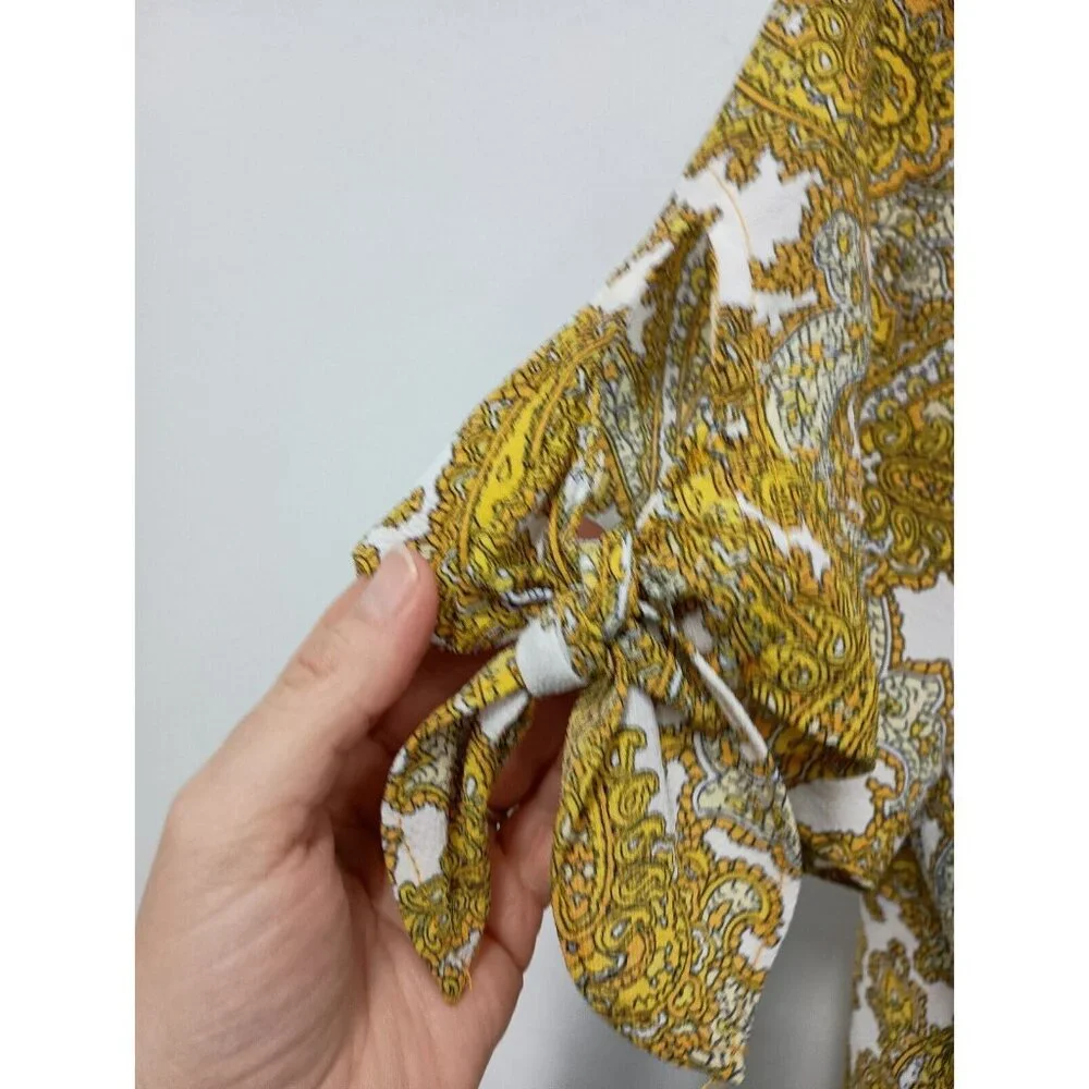 Michael Michael Kors Womens Blouse Top Large Yellow Paisley‎ Tie Sleeve BOHO